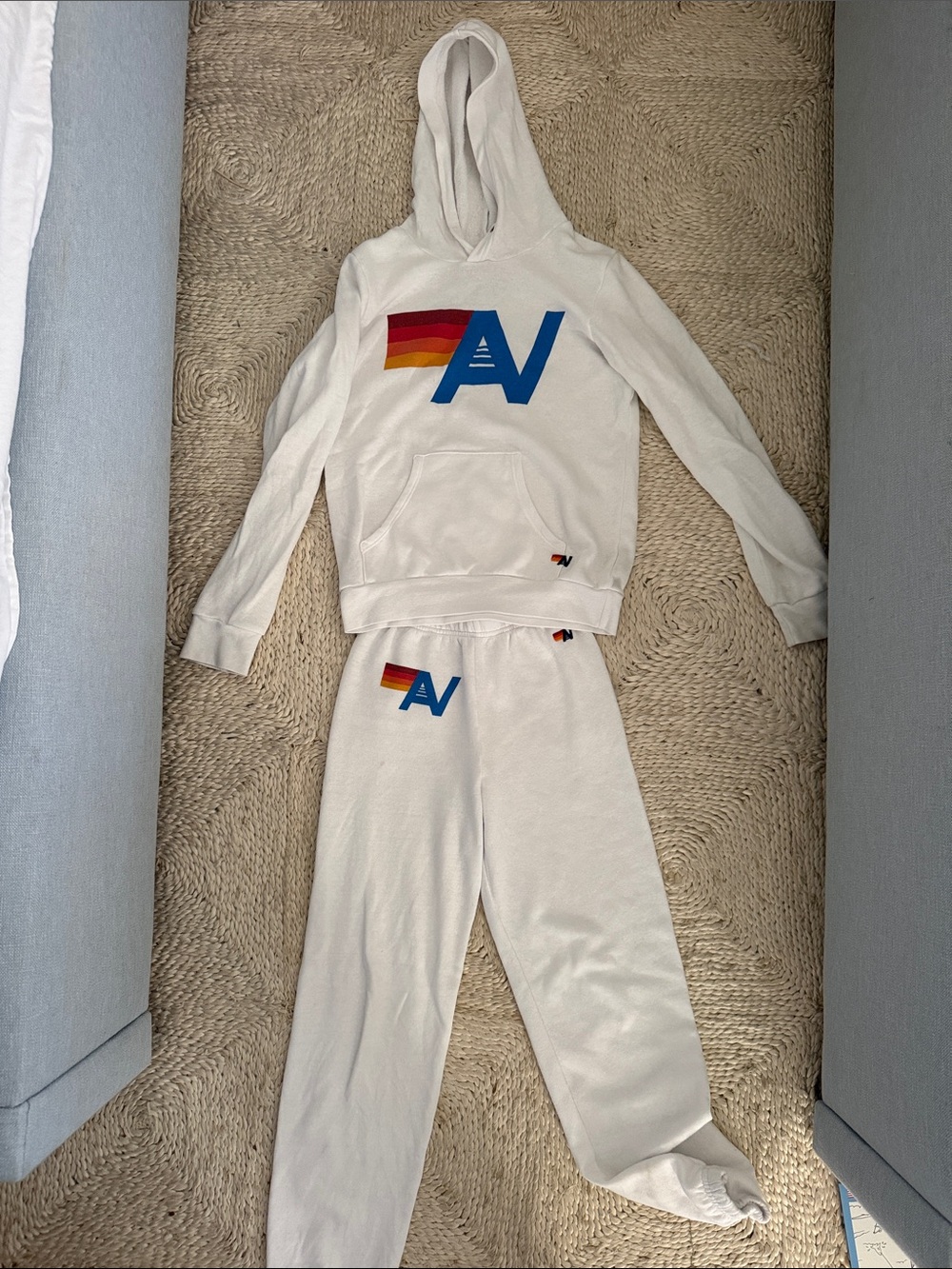 Aviator Nation White Hoodie & Sweatpants Set with Blue Logo and Rainbow Stripe